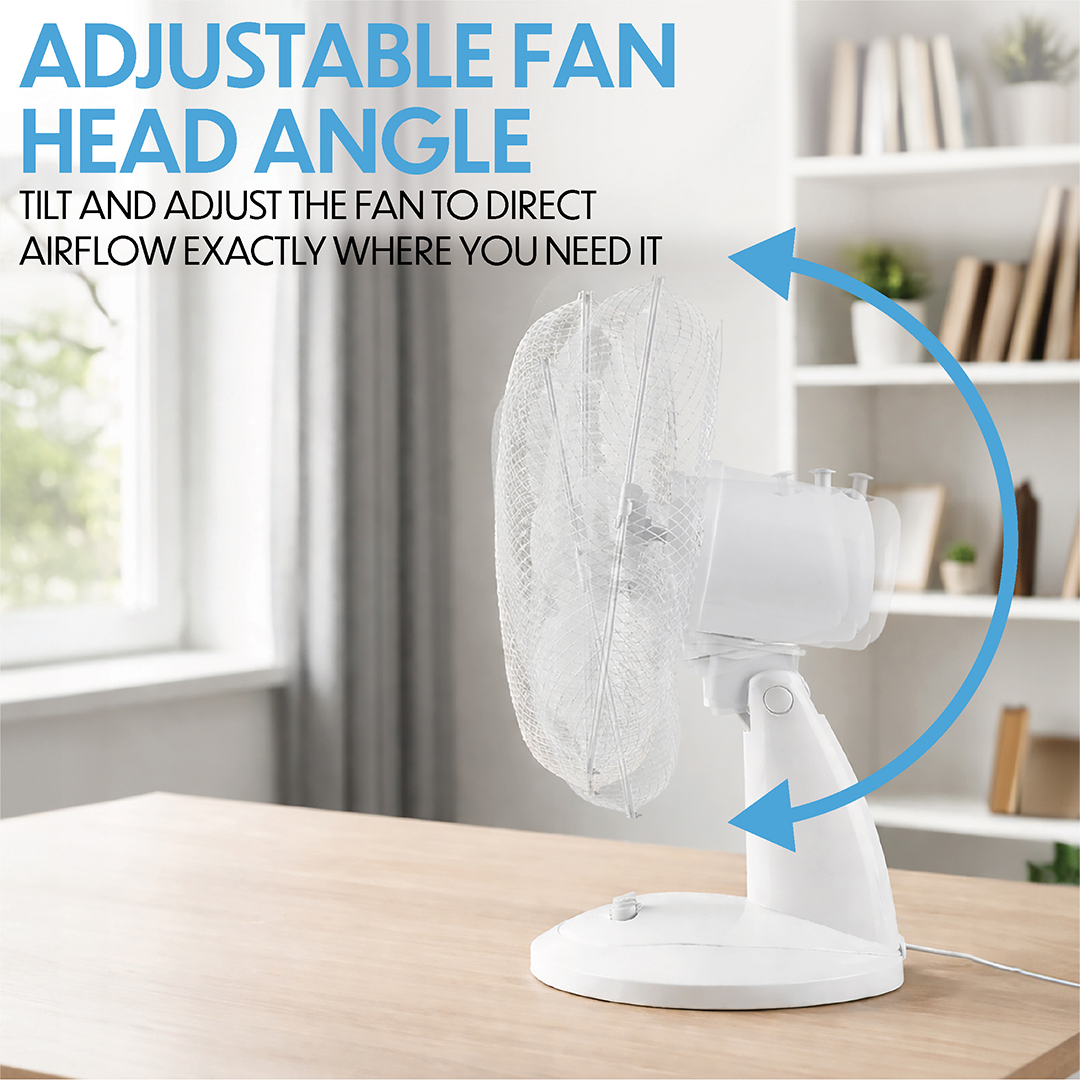 Prem-i-air 16" Compact Desk Fan - 3 Speed Settings, Oscillation & Adjustable Angle - White - EH5798