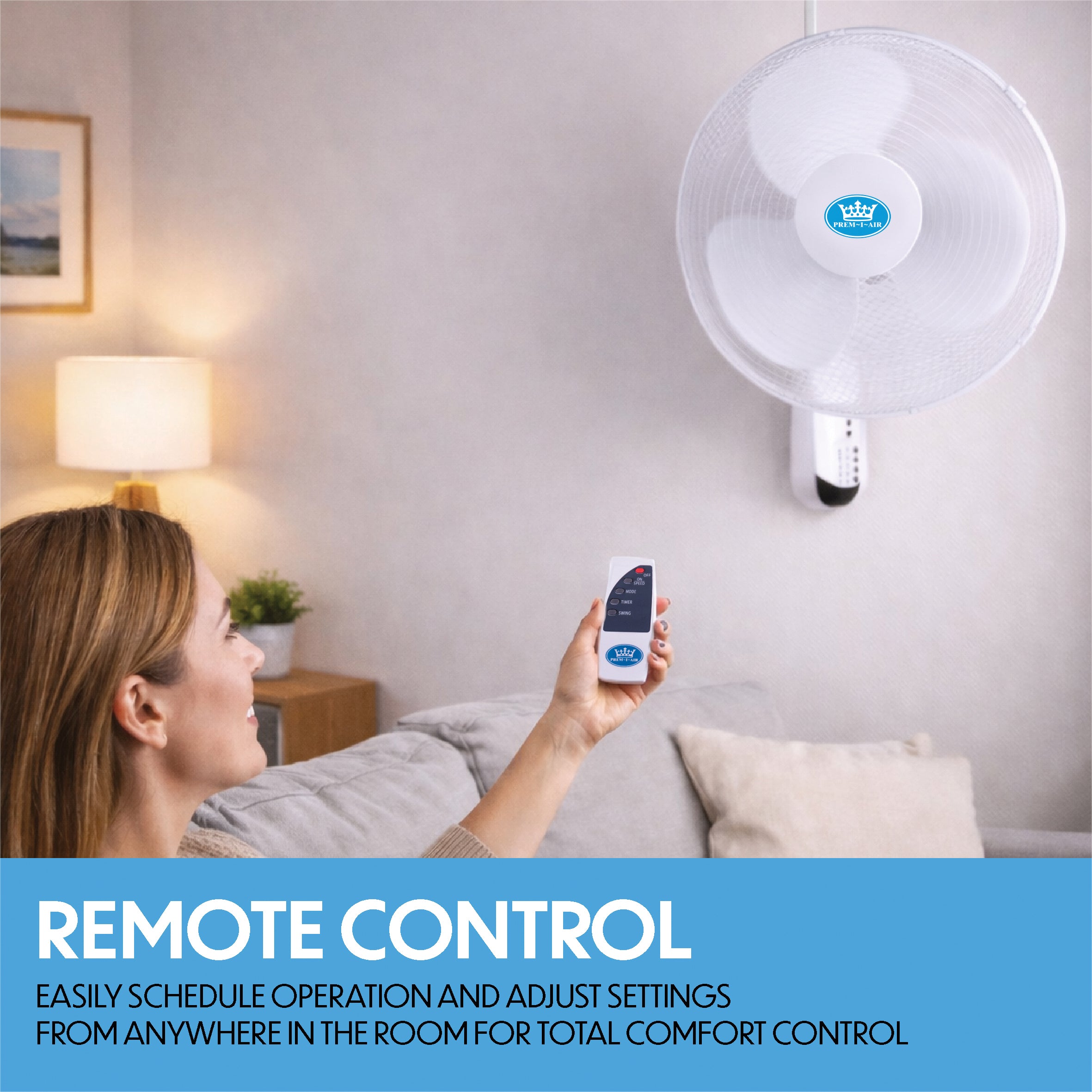 Prem-i-air 16" Wall Fan with Remote Control, 7.5-Hour Timer, 3 Speeds, Oscillation & Adjustable Head - EH5623