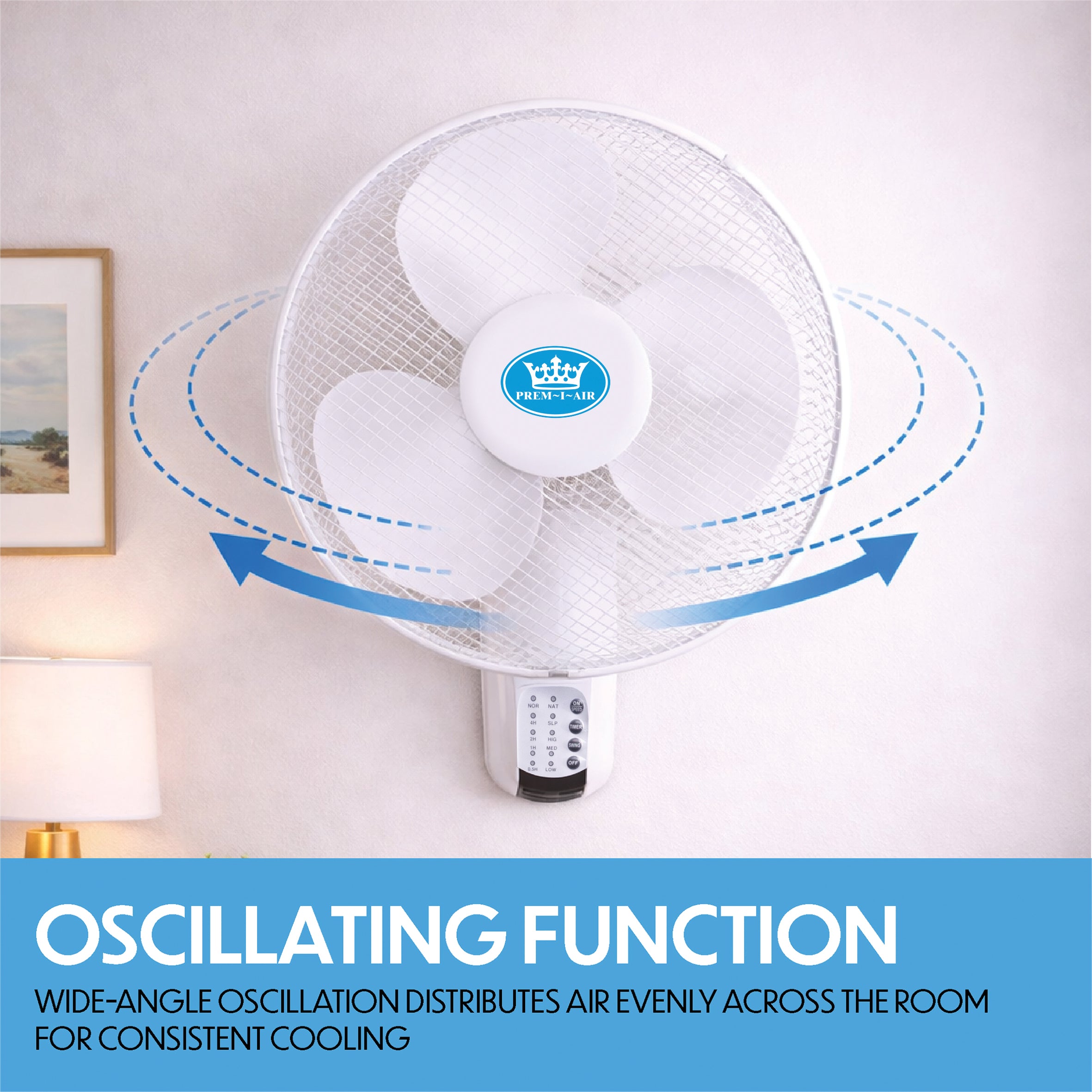 Prem-i-air 16" Wall Fan with Remote Control, 7.5-Hour Timer, 3 Speeds, Oscillation & Adjustable Head - EH5623