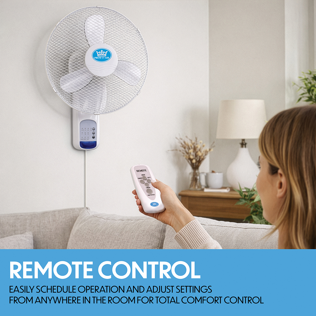 Prem-i-air 18" Wall Fan with Remote Control, 7.5-Hour Timer, 3 Speeds, Oscillation & Adjustable Head - EH5621