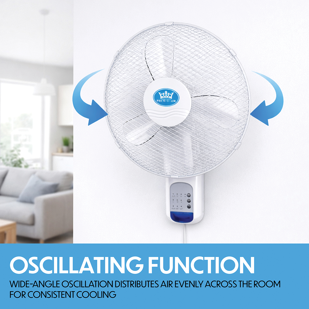 Prem-i-air 18" Wall Fan with Remote Control, 7.5-Hour Timer, 3 Speeds, Oscillation & Adjustable Head - EH5621