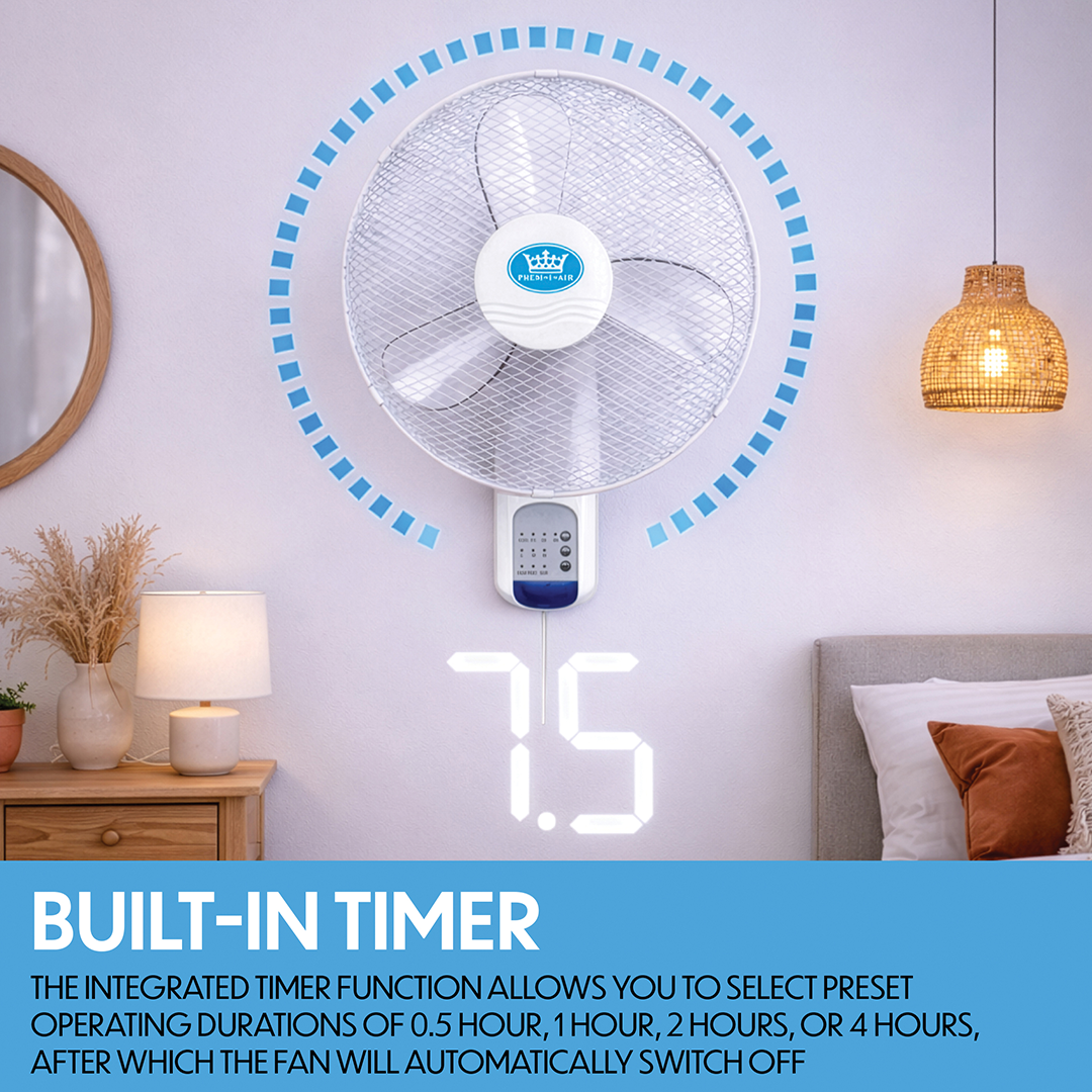 Prem-i-air 18" Wall Fan with Remote Control, 7.5-Hour Timer, 3 Speeds, Oscillation & Adjustable Head - EH5621